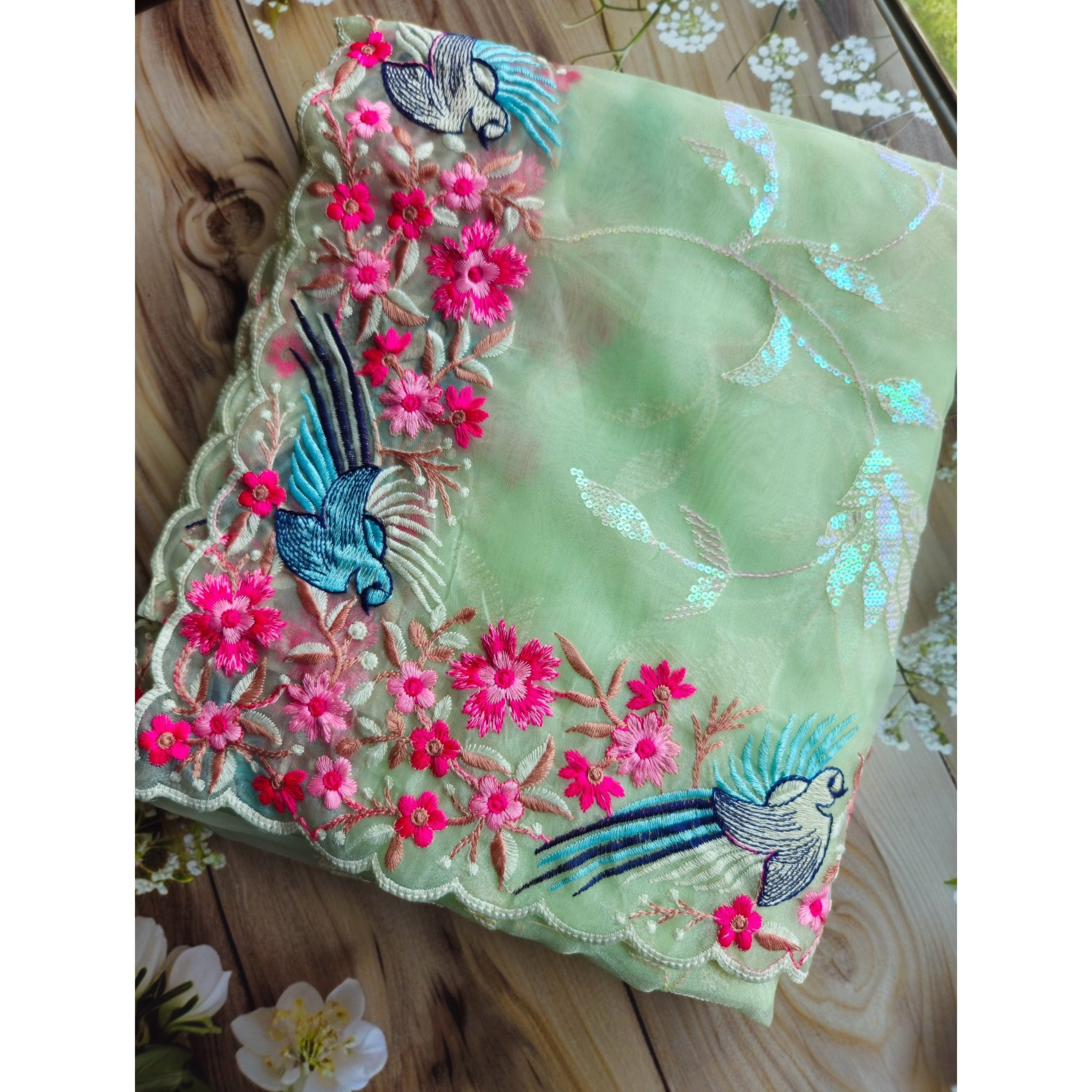 Organza Saree with flower and bird embroidery - All things Beautiful ✨️  #