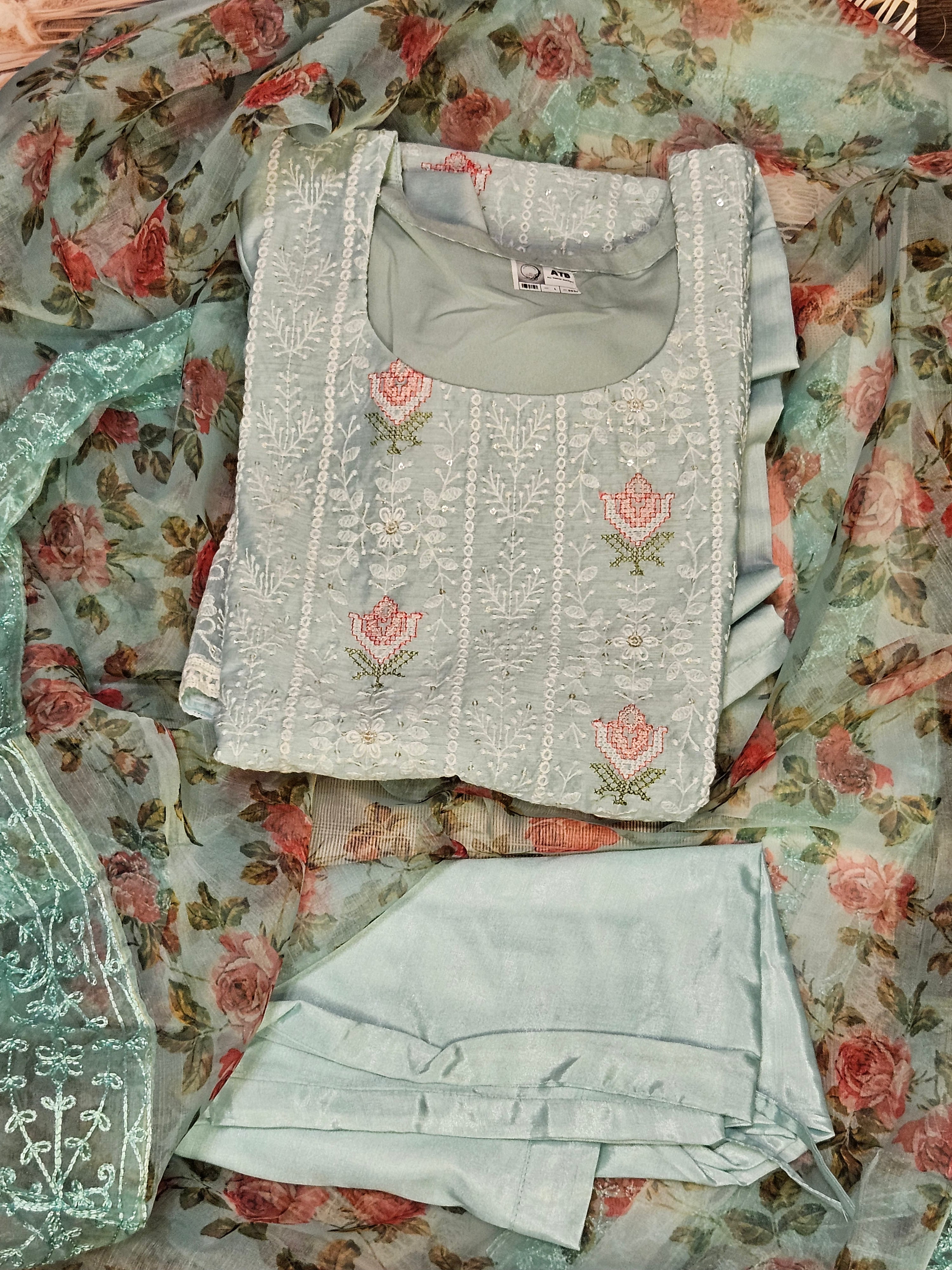 Pastel green pink flower embroidery kurta set - ATB - All things Beautiful ✨️ 