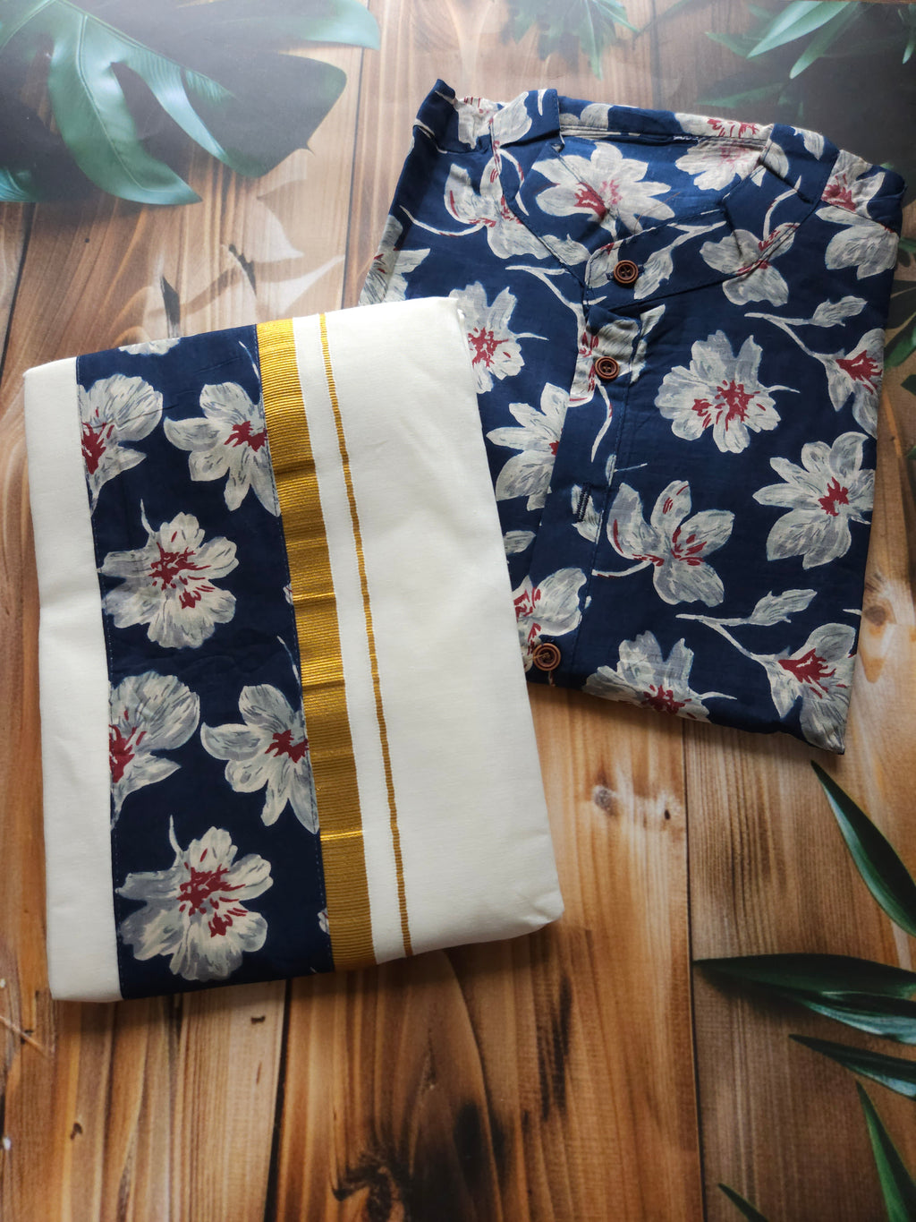 Men's Onam Combo - Shirt + Mundu/ dhoti - Hibiscus - ATB