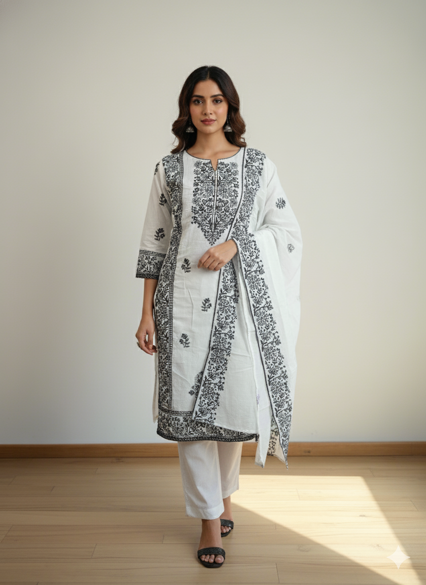 Ash and black full embroiderey - Chanderi cotton unstitched material - ATB ✨️