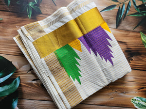 Onam Women's saree - Multi colour Temple border- ATB