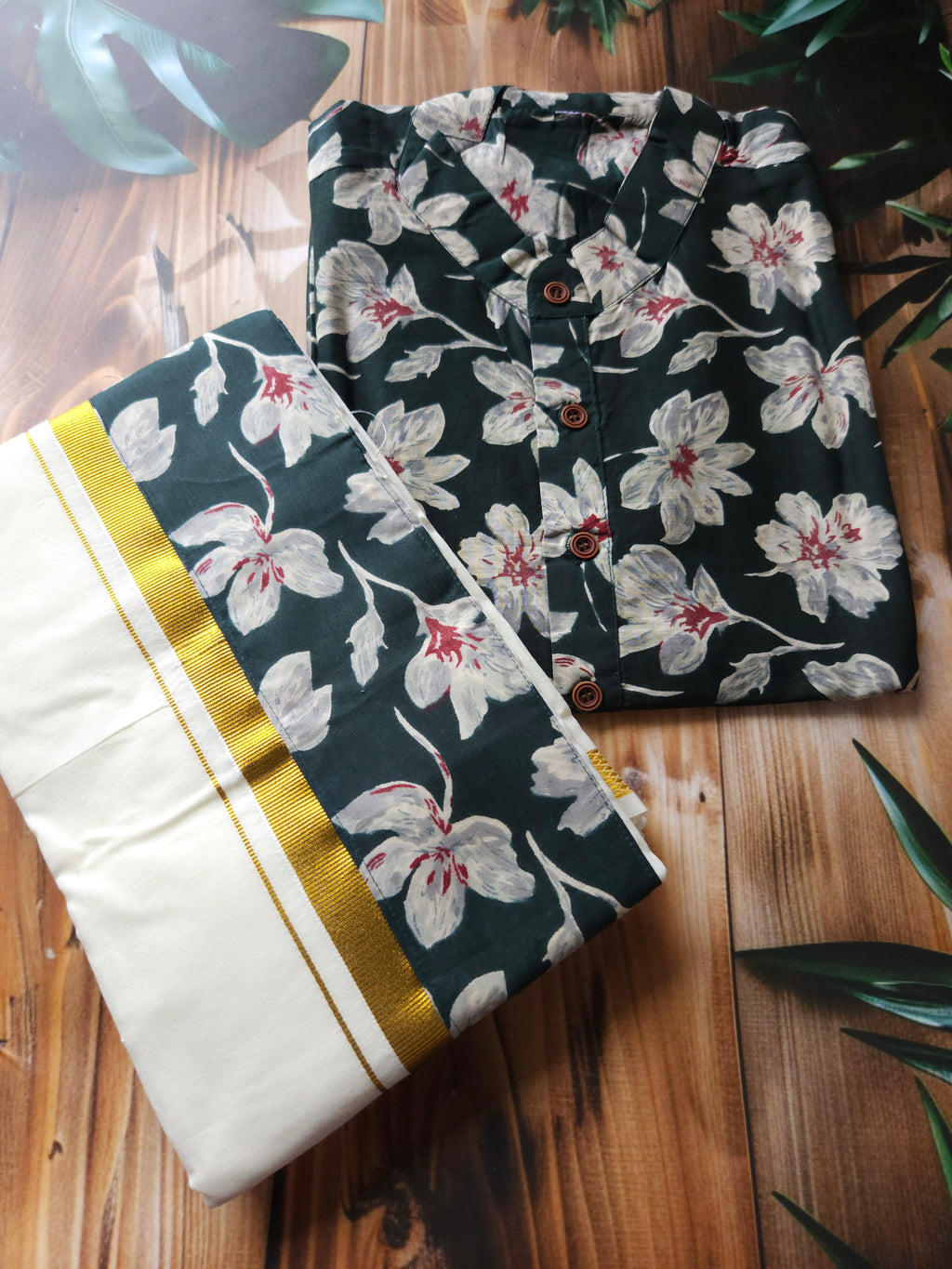 Men's Onam Combo - Shirt + Mundu/ dhoti - Hibiscus - ATB