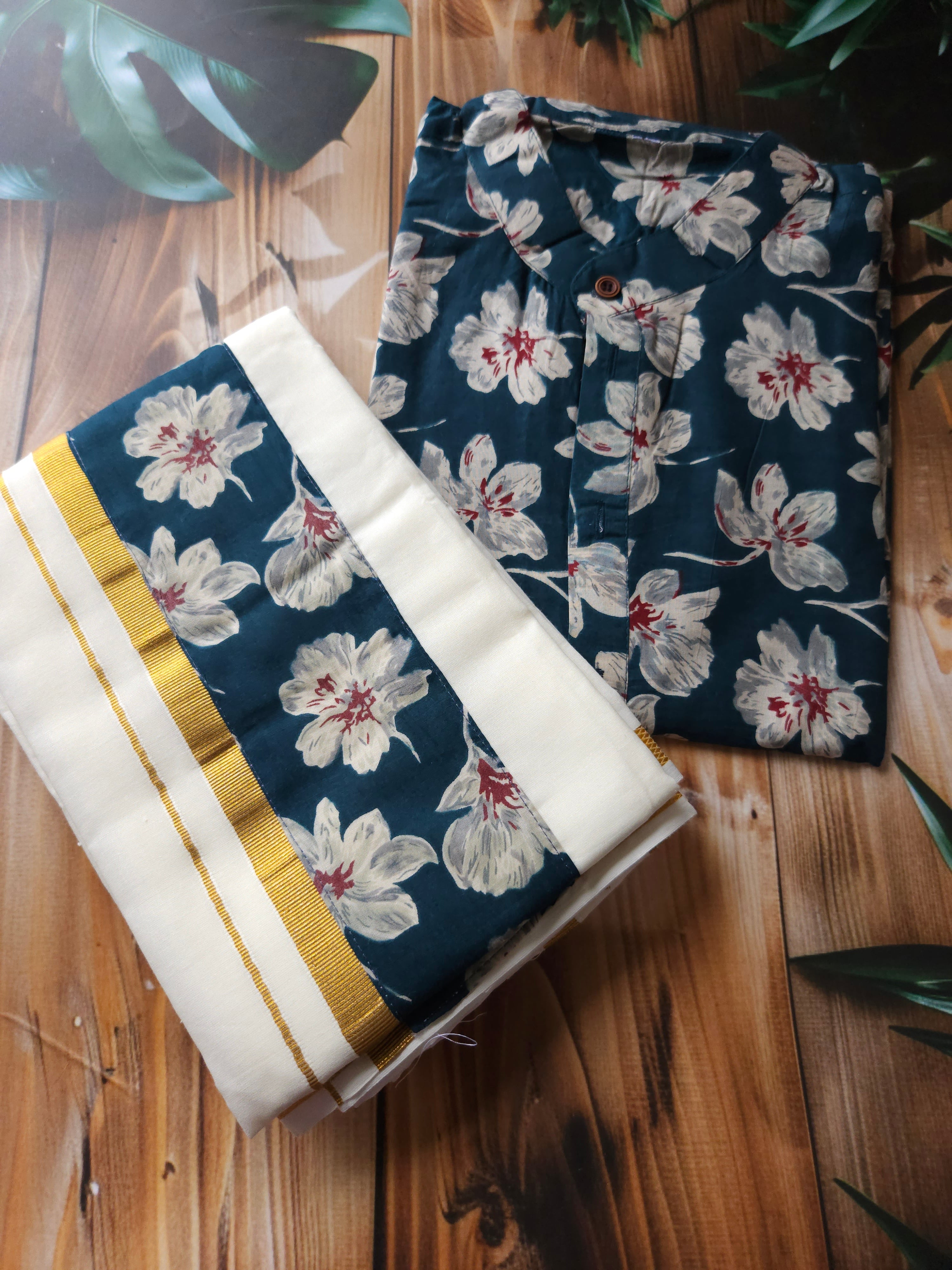 Men's Onam Combo - Shirt + Mundu/ dhoti - Hibiscus - ATB