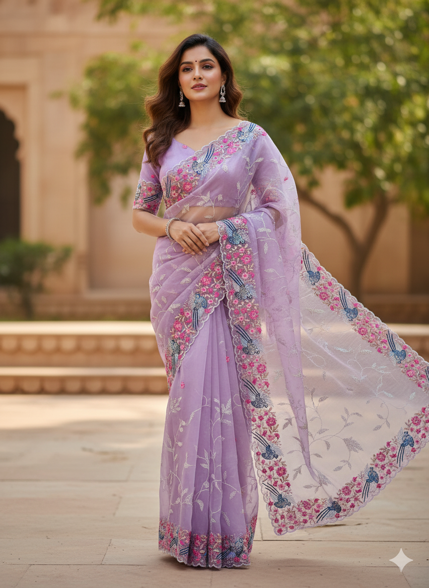 Organza saree- Bird embroidery- ATB