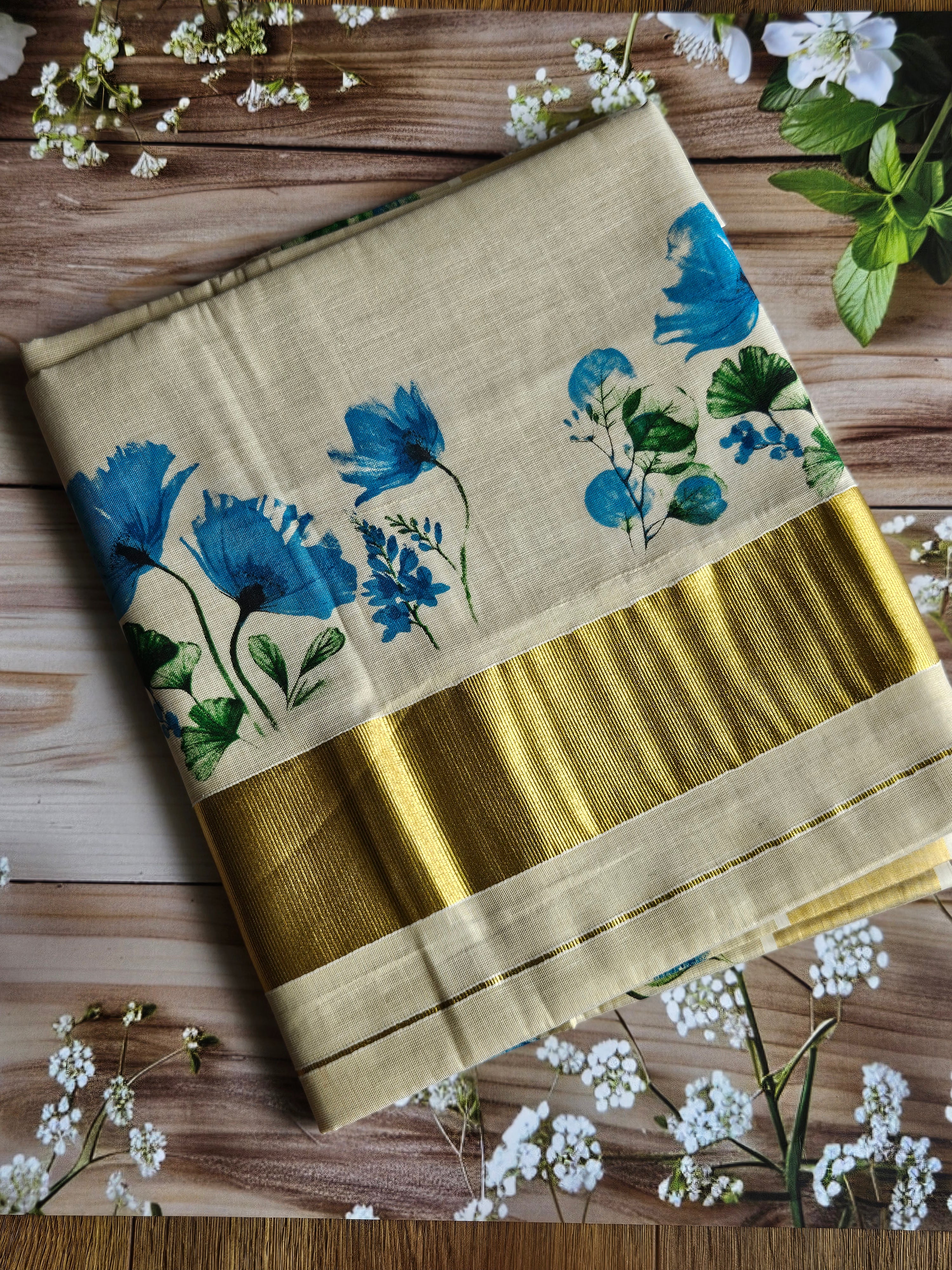 Kerala Kasavu - Tissue Spray Painted Saree - ATB