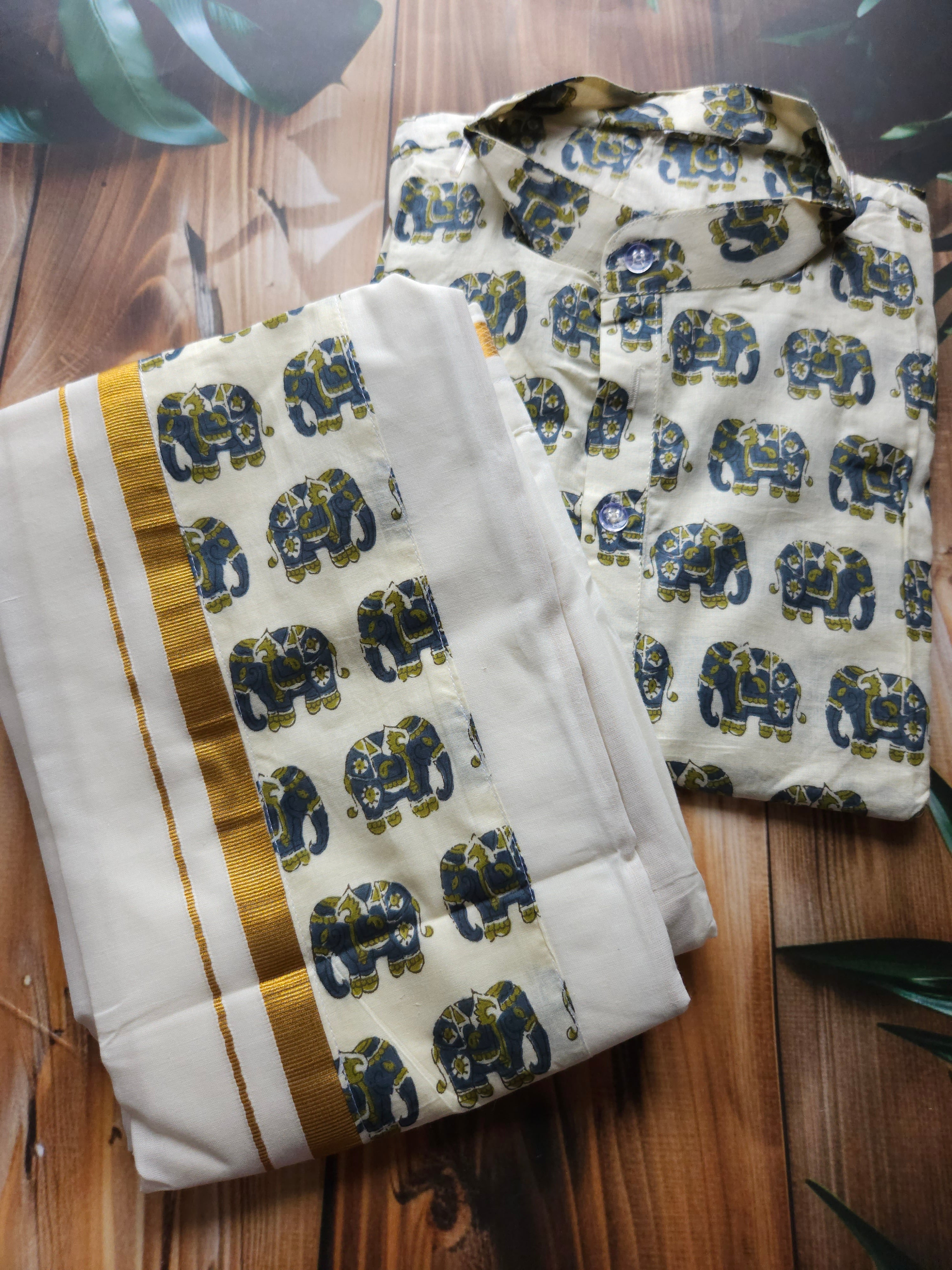 Men's Onam Combo- Shirt + Mundu/ dhoti - Elephant - ATB